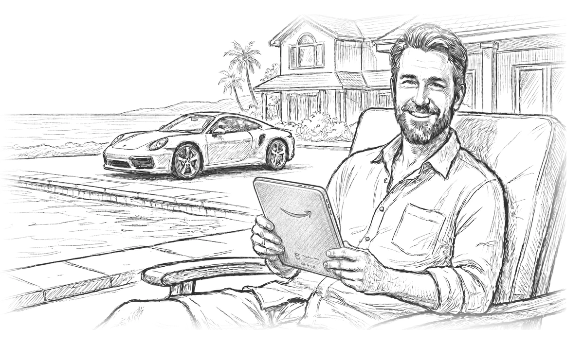 A rich and happy man lounging in a luxurious chair by a pool, reading Pump. Dump. Profit. on an eReader.